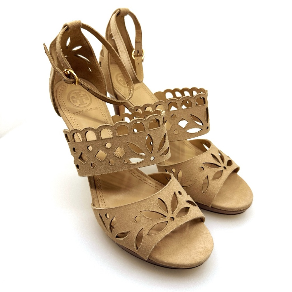 NWOB Tory Burch May 105mm Tan Laser-Cut Heels - Desert Blush Size 7.5 w/dust bag - Picture 5 of 7
